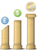 [Pound, Dollar, and Bitcoin on Pillars]